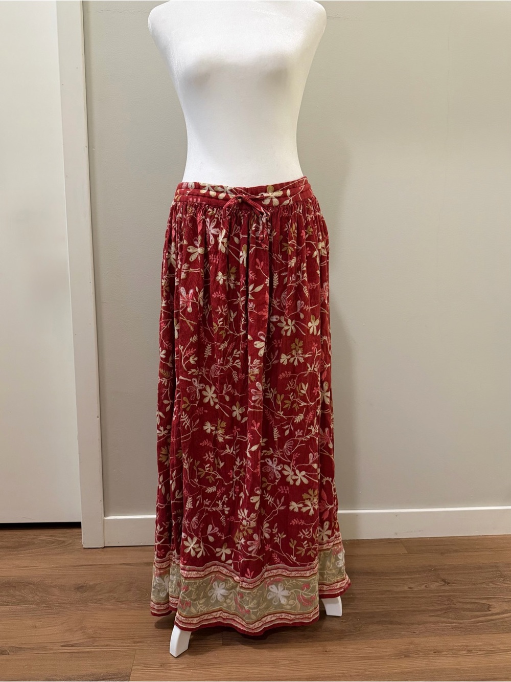 Vintage 90s Bobbie Brooks Red Floral Maxi Skirt with Drawstring Waist